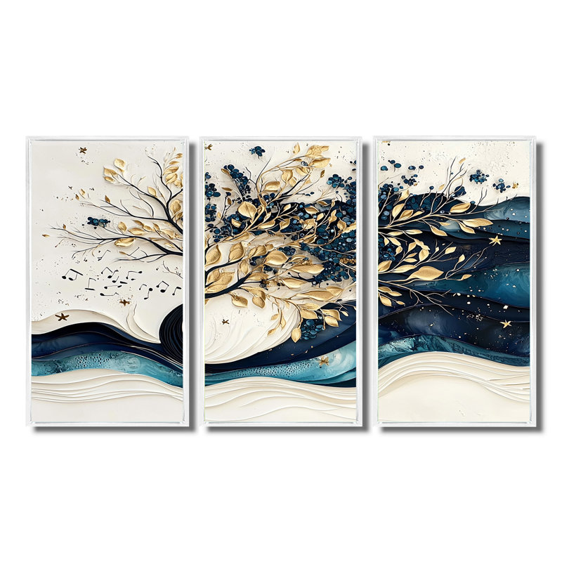 Ensemble de salon art mural bleu et blanc avec fleurs de cerisier modernes I, H 28 po x l 36 po x P 1 po, Métal métal