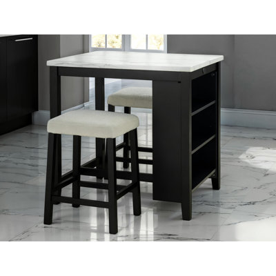 3 pièces en noir et / ou blanc, avec rangement pour table, 2 tabourets, surface brillante, tablettes latérales, blanc / plateau, tabourets en tissu Boucle