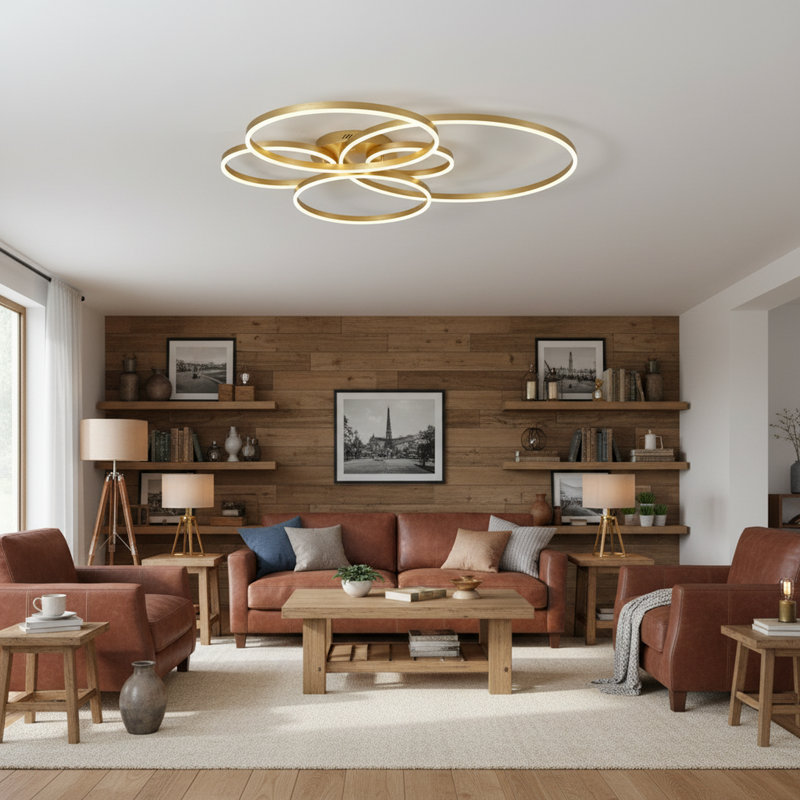 Plafonnier encastré moderne grand avec 6 lumières 47,2 pouces avec télécommande Jadiamond, Doré