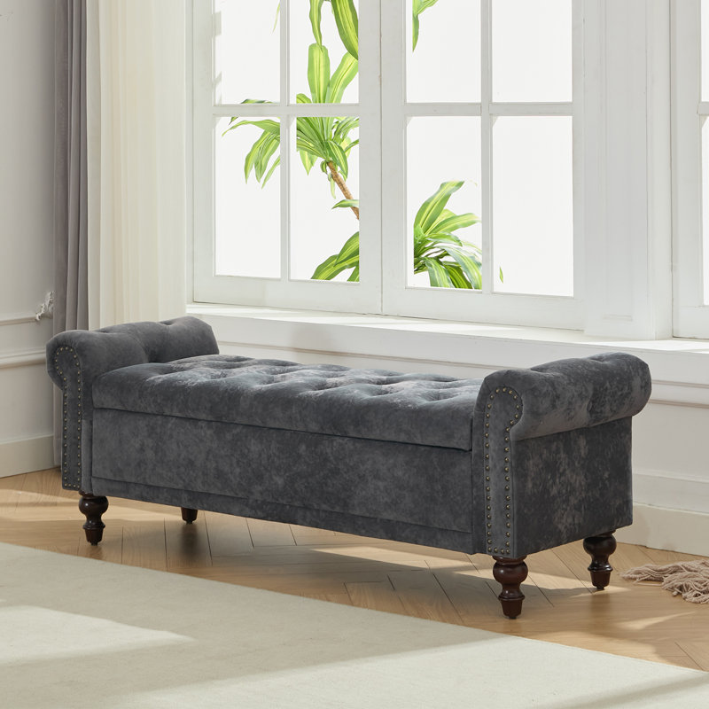 Upholstered Storage Bench With Segmented Storage Compartments, Dark Gray Velvet, 20.8" H x 58.1" W x 18.7" D
