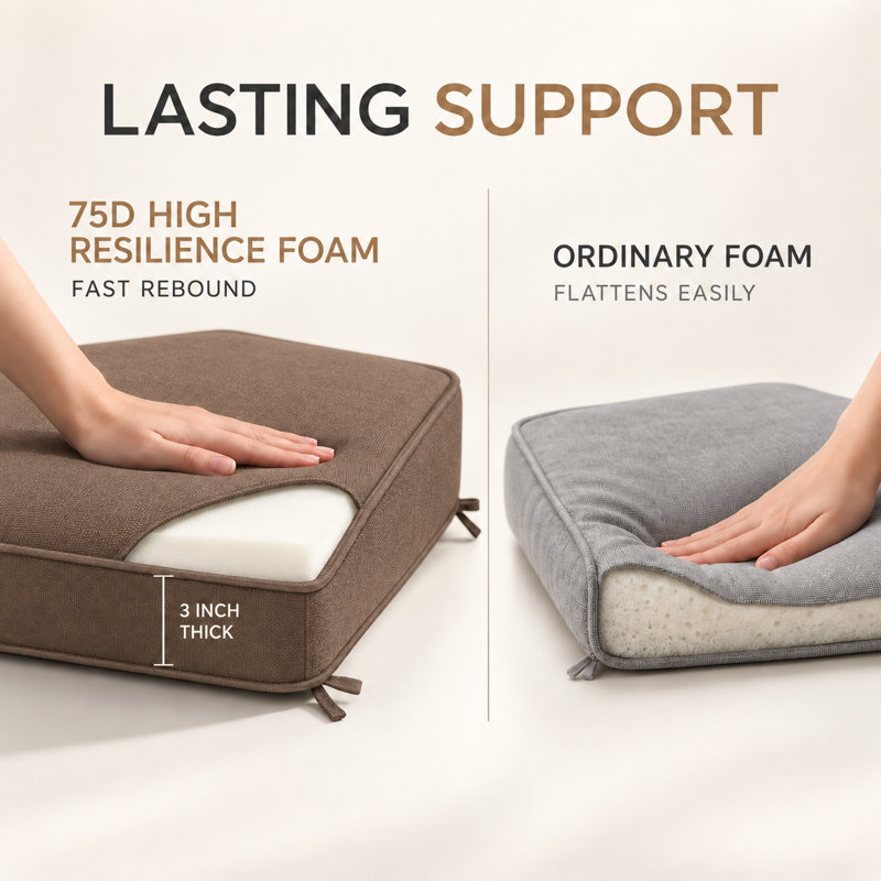 Coussin de banc sur mesure de 7,6 cm de hauteur, pour intérieur et extérieur, avec double passepoil et 2 attaches.