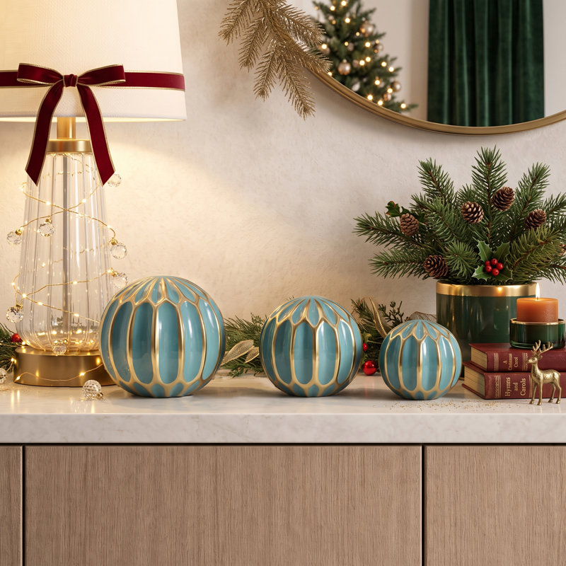 Boules décoratives en céramique ajourée pour la décoration intérieure - Sphères décoratives modernes à poser sur une console ou dans un salon - Lot de 3, 15 cm, 12,5 cm, 10 cm