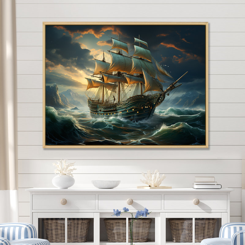 «Pirate Ship Legacy I», art mural pirate, Cadre flottant brun, H 12 po x l 20 po x P 1 po