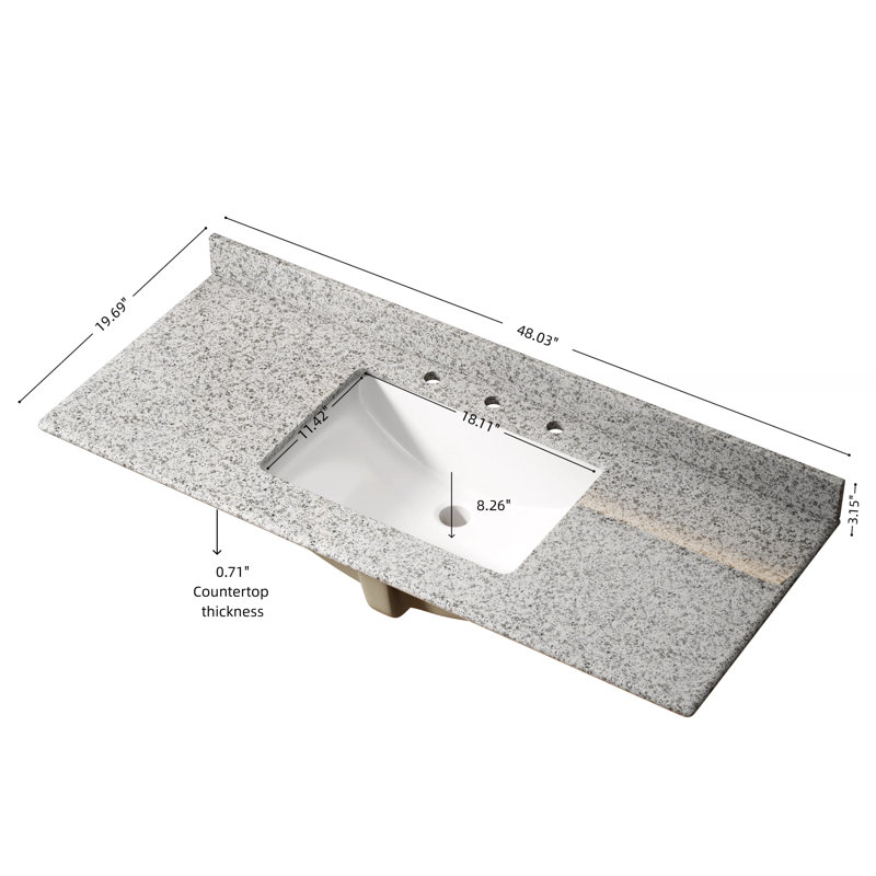 48" Natural Granite Bathroom Vanity Top with Undermount Ceramic Sink, 1-Piece, Black and Grey, 3 Pre-Drilled Faucet Holes