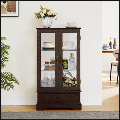Vitrine en verre rétro avec tablettes réglables, 2 portes et tiroir, finition cerisier