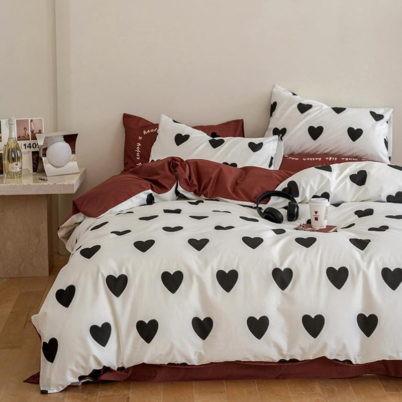 Heart Bed Linen Red White With Black Heart Pattern Romantic Soft Microfiber Bed Cover Hearts Aesthetic Reversible Bed Linen Set