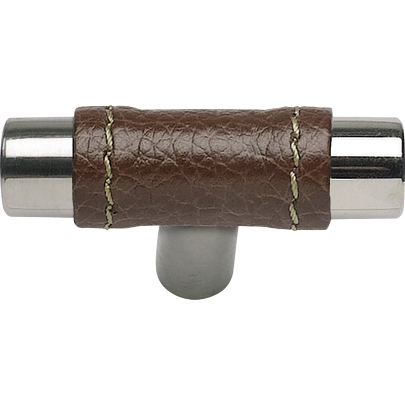 Modern Polished Chrome and Brown Leather Geometric Knob