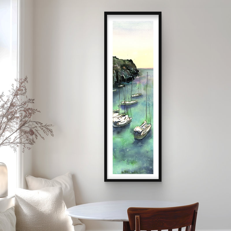 Bateaux à cala Macarella | Living Living Sea, reproduction d'art encadrée, H 48 po x l 16 po, Noir