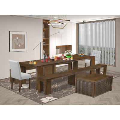5-Pc Kitchen Dining Set contains an Extendable Rectangle Kitchen Table, 2 Polyester Fabric Dining Chairs and 2 Modern Benches, Antique Walnut