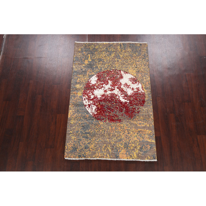 Tapis unique en laine / soie noué à la main 4 pi 1 po x 6 pi 4 po nouvel âge en rouge / jaune / gris