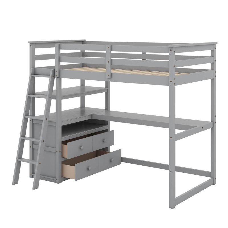 Lit mezzanine simple avec bureau et tablettes, deux tiroirs intégrés, Gris