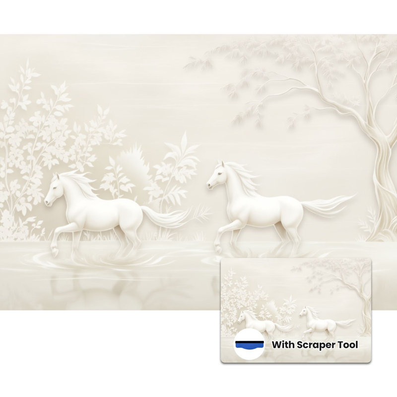 Papier peint adhésif auto-adhésif pour la chambre à coucher, chevaux blancs au galop, paysage paisible et serein, L 144 po x l 100 po Peel and Stick