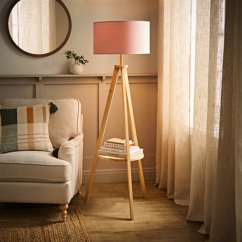 Ismay 149 cm Morrigan Wood Tripod Floor Lamp with Shelf & XL Reni Shade, Pink, Yes, Light Brown