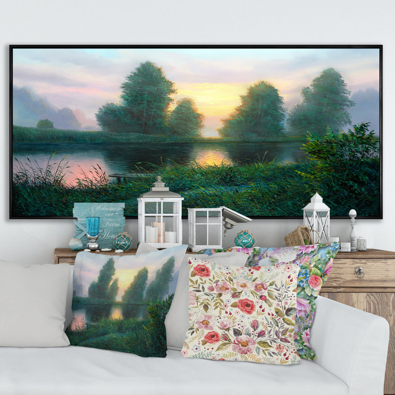 «Beautiful Sunset on Lake Forest», peinture sur toile, Cadre noir, H 8 po x l 12 po x P 1 po