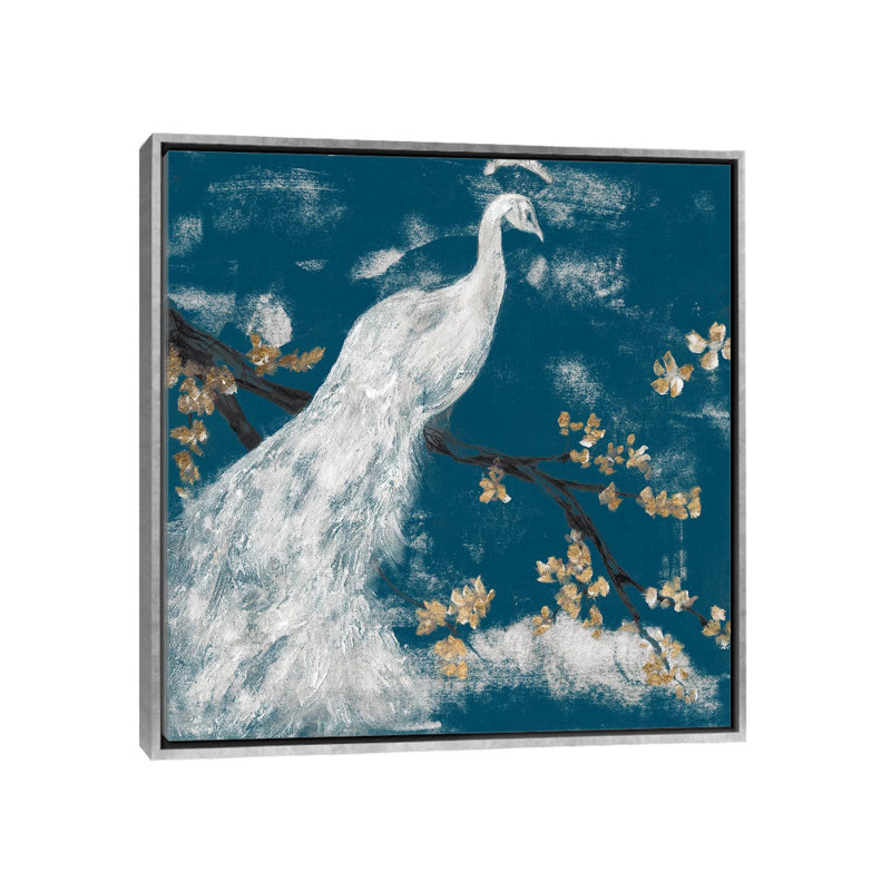 "White Peacock on Indigo I" par Jennifer Goldberger-impression, H 26 po x l 26 po x P 1,5 po, Toile avec cadre argenté
