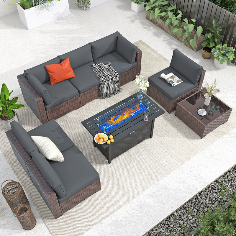 Ensemble de conversation modulaire en osier pour 6 personnes avec coussins, Coussin gris foncé / structure brune