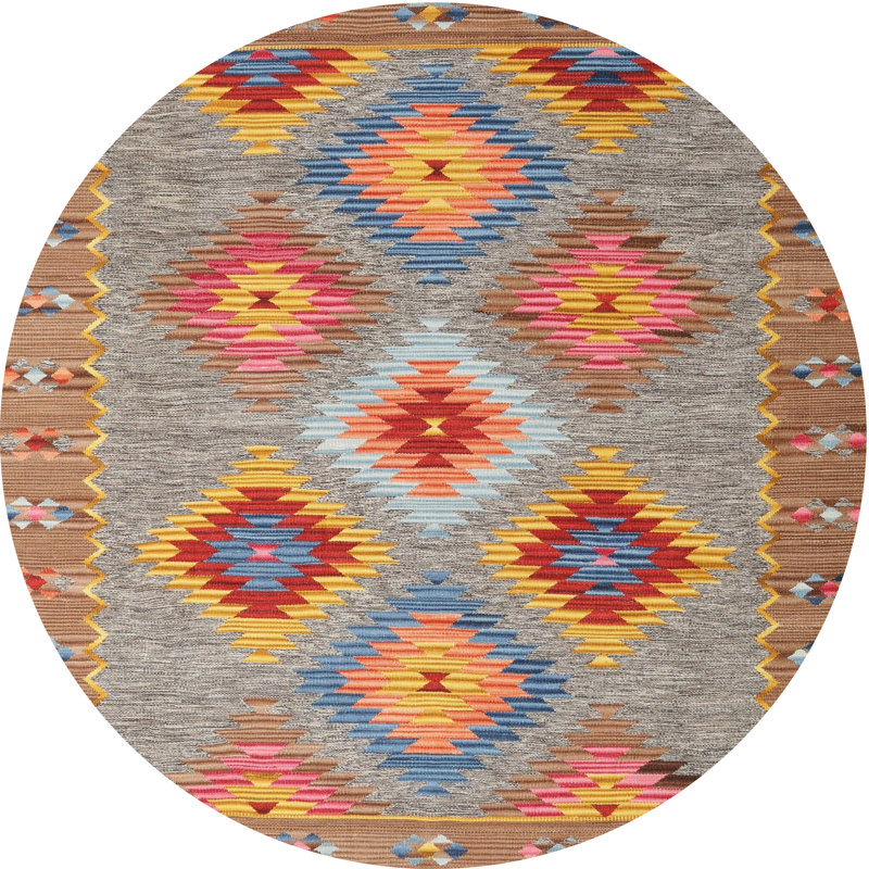 Tapis de zone rouge/jaune/rose contemporaine, Rond 8 pi