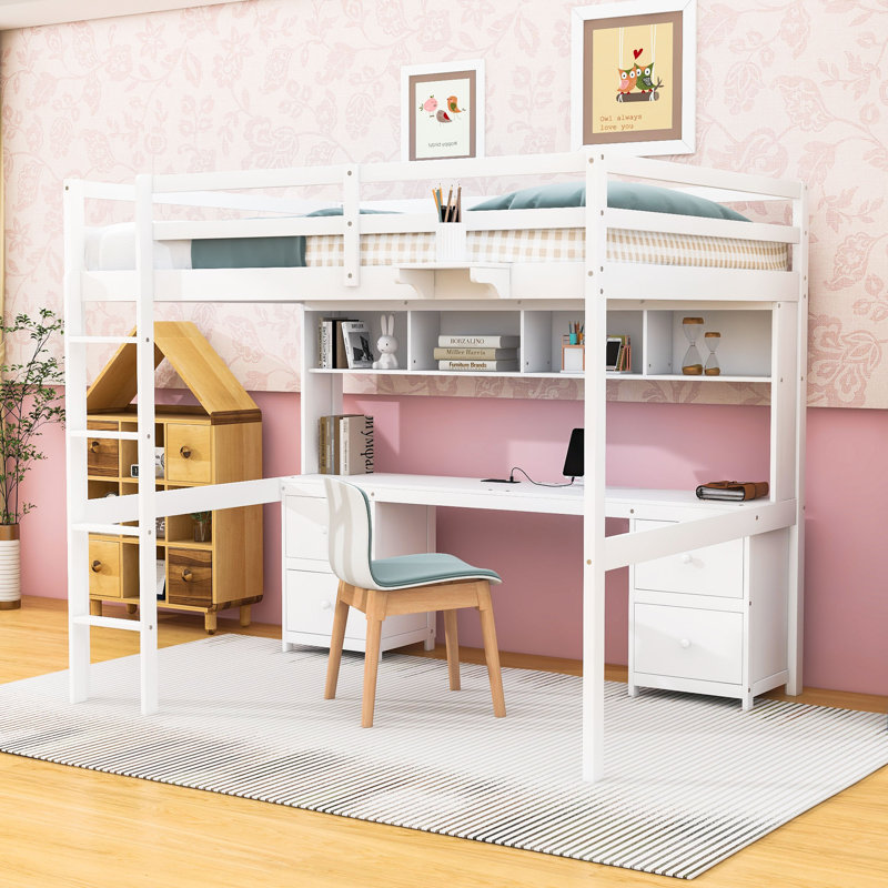 4 Drawers Full Loft Bed With Built‑In Desk, Shelves, Charging Station And Guardrails, White