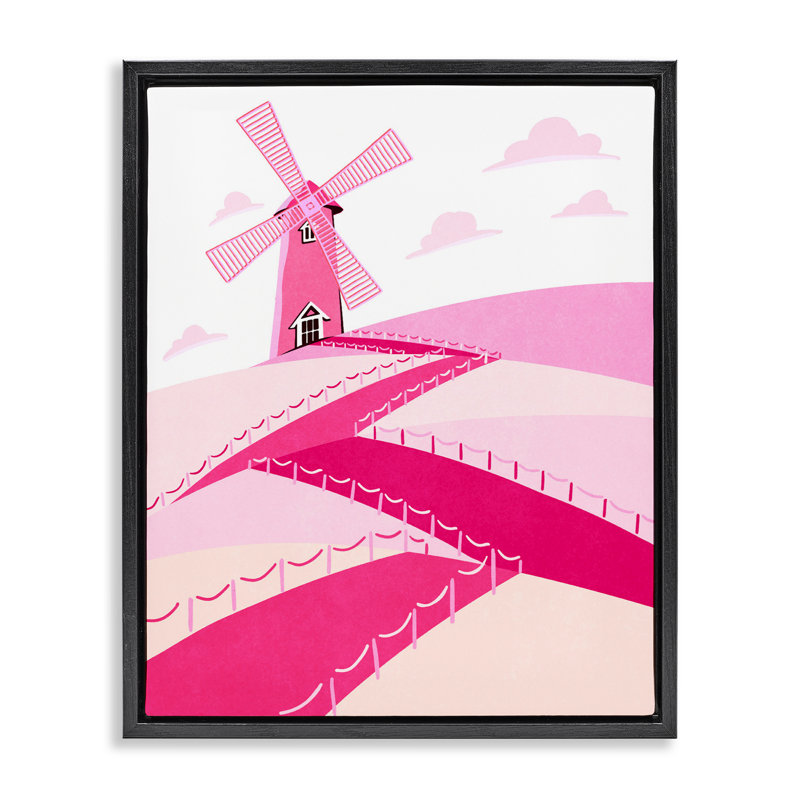 Cadre flottant rose avec moulin à vent, conception de Ziwei Li, Cadre flottant noir de jais, H 21 po x l 17 po