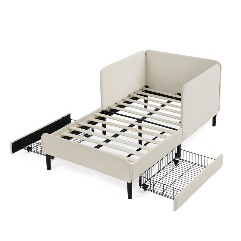 Elegant Twin Size Upholstered Platform Bed Frame with Storage, Beige
