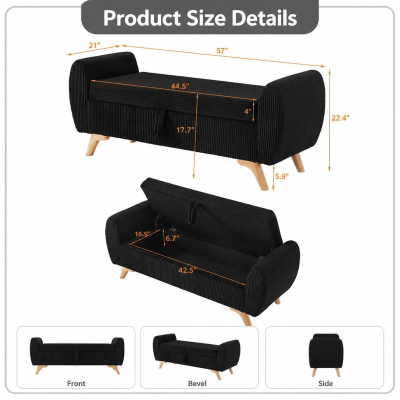 Banc de lit coffre moderne en velours côtelé avec pieds en bois massif, assise relevable multifonctionnelle avec compartiment de rangement dissimulé, soutien à ressorts sinueux, coussin en mousse à haute résilience