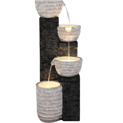 39.8" Multilayer Sand-Textured Water Fountain with LED Lights, Polyresin Cascading Waterfall Decor, Weather-Resistant Outdoor Feature for Garden or Patio