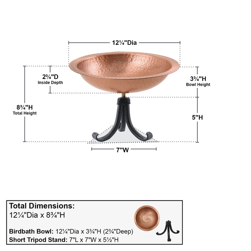 Hammered Solid Copper Birdbath with Tripod Stand