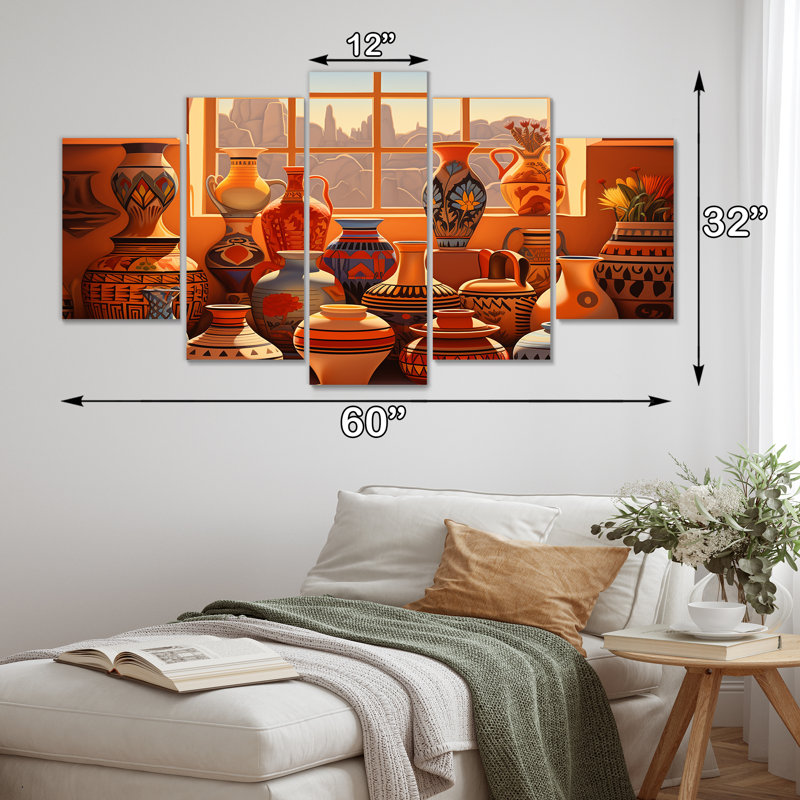 Ensemble de 5 vases mexicains en terre cuite avec fenêtre Sunset, H 32 po x l 60 po