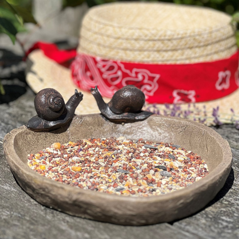 Off-White Stone Finish Bird Bath with Snails
