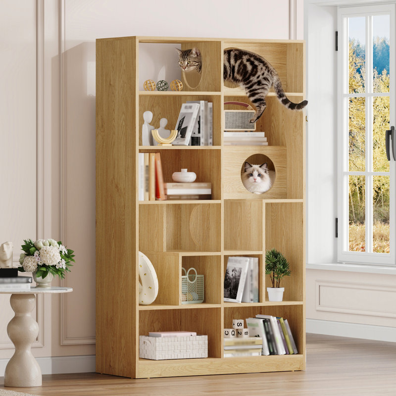 Bibliothèque pour chat moderne 2 en 1, étagère à chat avec rangement, bac à litière pour chat, Naturel