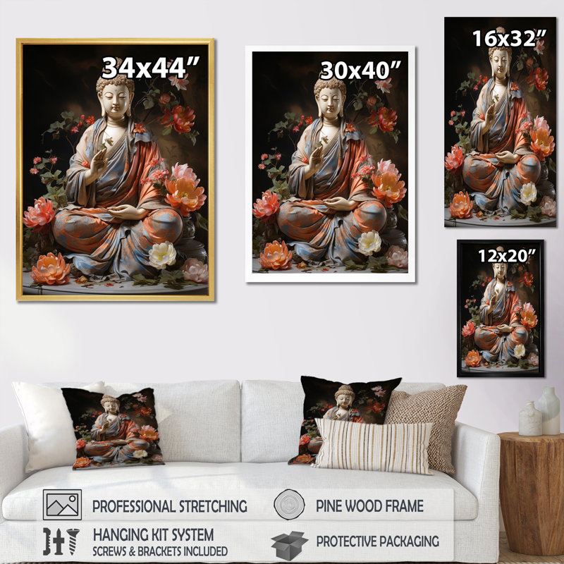 Corail gris bouddhiste Art bouddhas geste - décoration murale bouddhisme, L 12 po x H 20 po x P 1 po, Cadre flottant blanc
