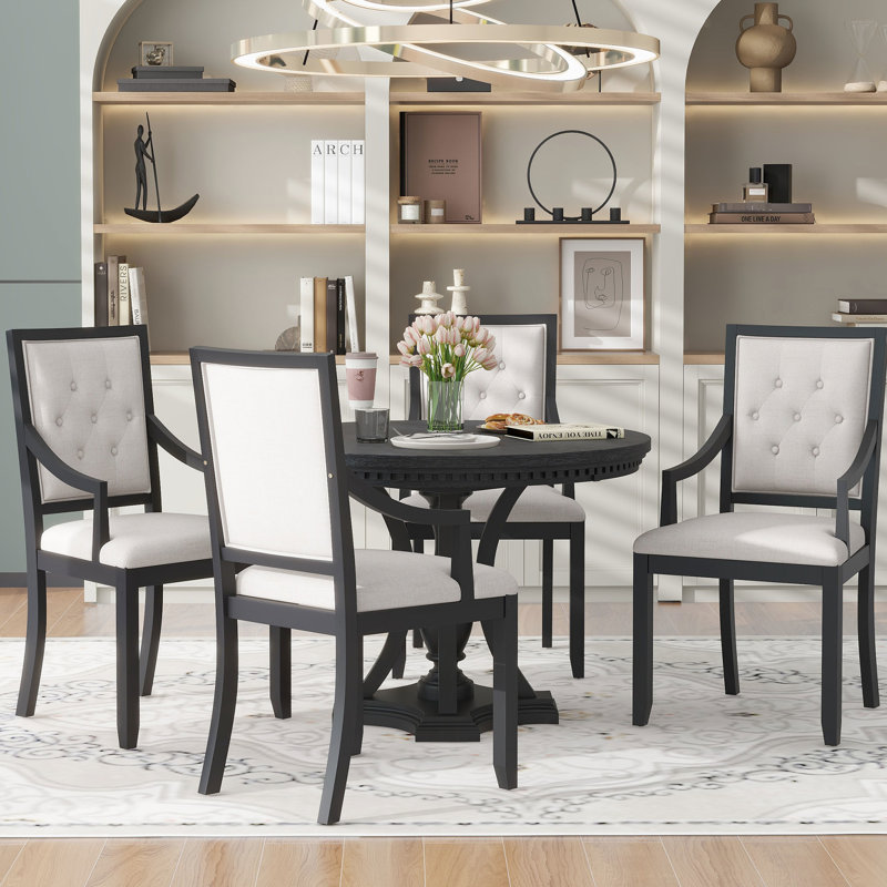 Table à rallonge avec 4 chaises et 5 chaises au design rétro (chêne noir rond chêne noir - sensation forte)