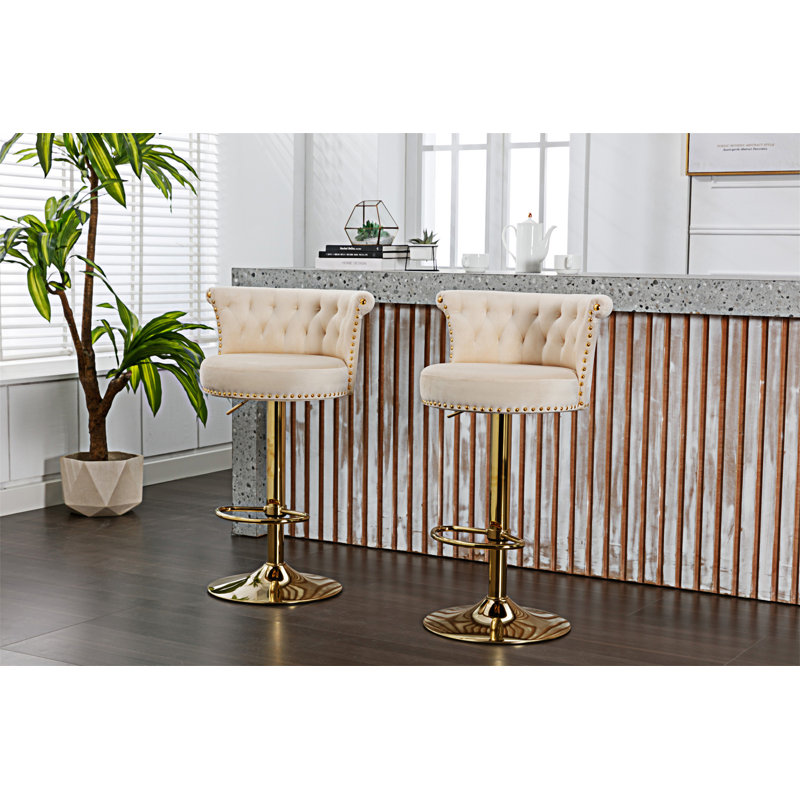 COOLMORE Swivel Bar Stools Set Of 2 Adjustable Counter Height Chairs With Footrest For Kitchen, Beige
