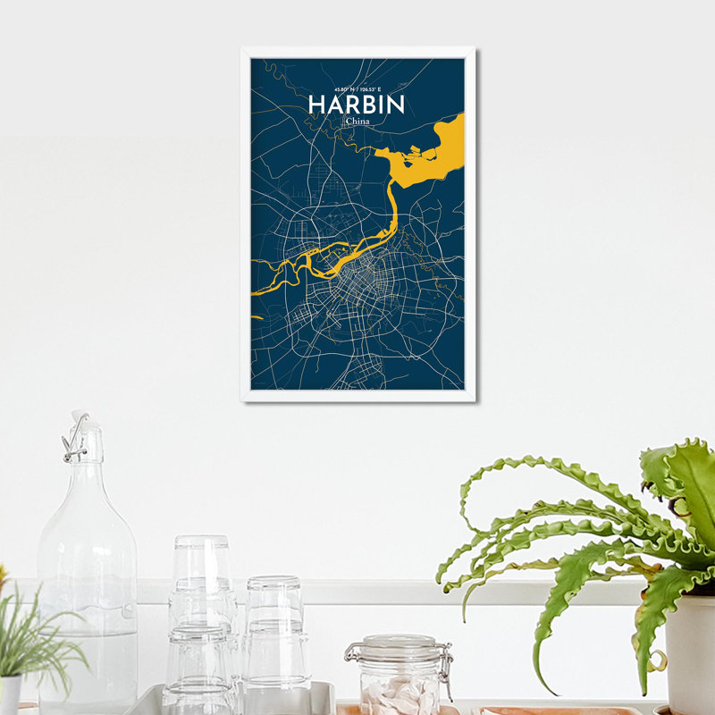 «Harbin City Map», impression, H 17 po x l 11 po, Bleu / Jaune