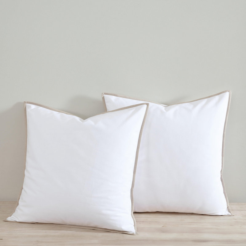White Cotton Euro Shams with Beige Trim, 26" x 26", Set of 2