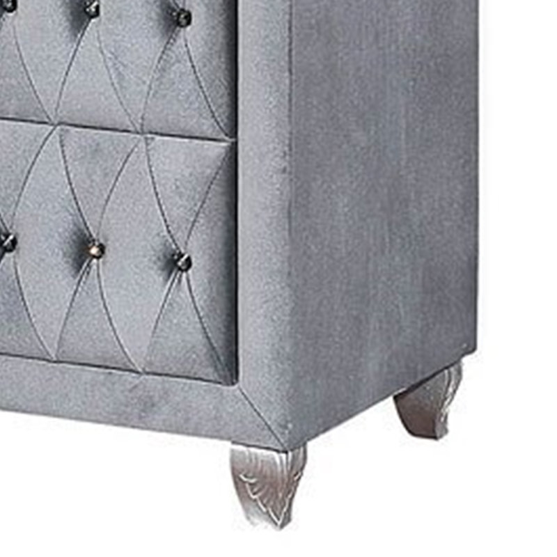 Rea Wide Dresser, 7 Drawers With Crystal Knobs, Gray Velvet Upholstery, Gray