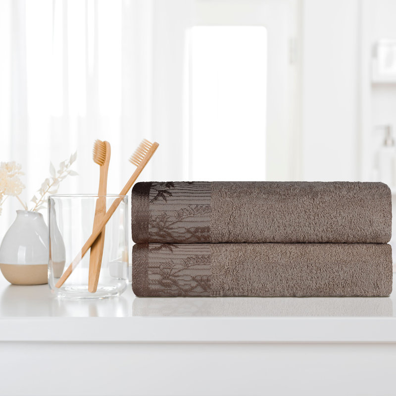 Carinna Cotton Medium Weight Floral Jacquard Border Assorted Bathroom Towel Set, Frappe, 6 Piece Towel Set
