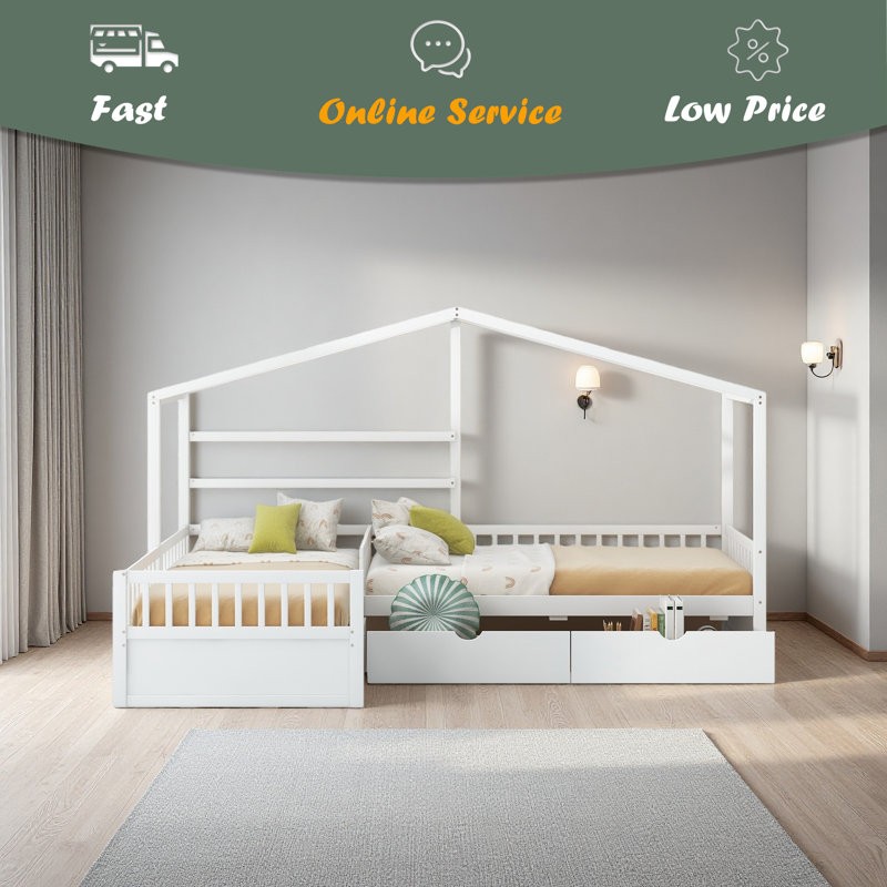 Lit plateforme simple avec trois tiroirs de rangement, Blanc