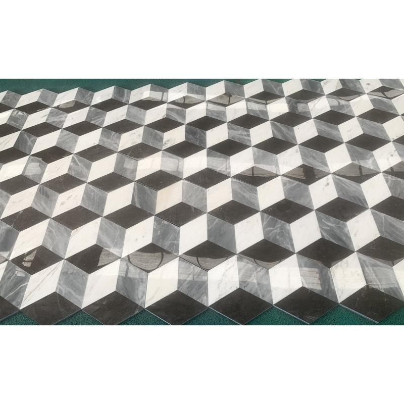 Pierre naturelle hexagonale - blanc, noir et gris, 12 pièces / boîte, convient au plancher et au mur dans différents espaces, carreaux de marbre d'une largeur de 9,68 po, surfaces variées idéales
