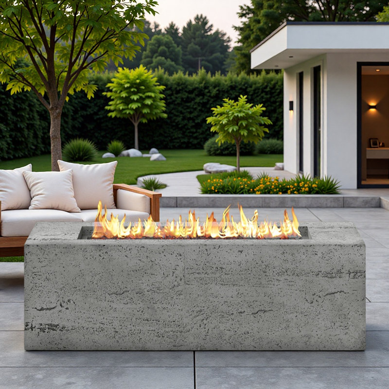 Mgo Propane Outdoor Rectangular Fire Pit With Side Cutout Handles, Steel Burner, Adjustable Flame Control, Lava Rocks And Rain Cover