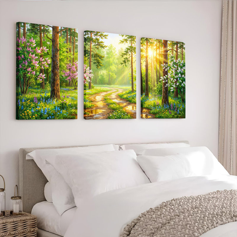 Chemin forestier avec lumière du soleil et fleurs, reproduction d'art sur toile tendue sur toile, ensemble de 3