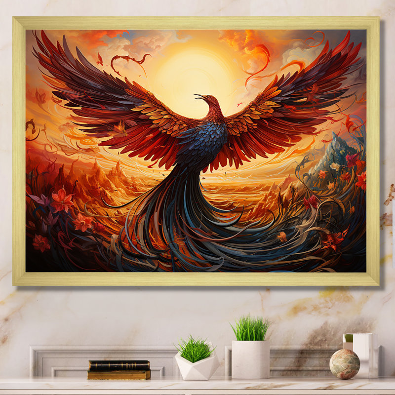 Art mural, résilience, renaissance du Phénix II, Cadre doré à coins fermés, H 30 po x l 40 po x P 1,5 po
