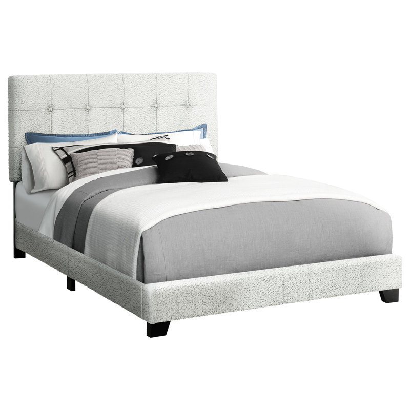 Transitional Grey Boucle Upholstered Full Size Bed Frame, Engineered Wood, Button - Headboard, Low Profile, Comfort, Quick Assembly Task Frame In Style, Boucle, Black Block Feet, Construction, Hassle