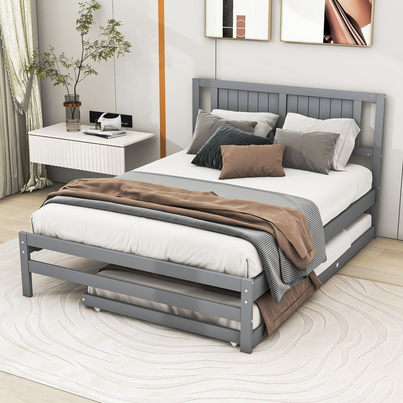 Full Size Wooden Platform Bed With Adjustable Trundle, Grey