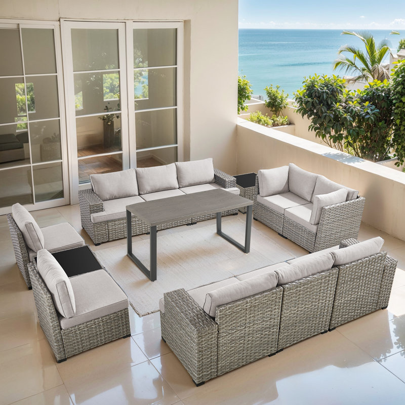 Clute Arnoltice 10 - Person Outdoor Wicker Rattan Patio Sectional Seating Group With Armless Chairs And Dining Table, Beige
