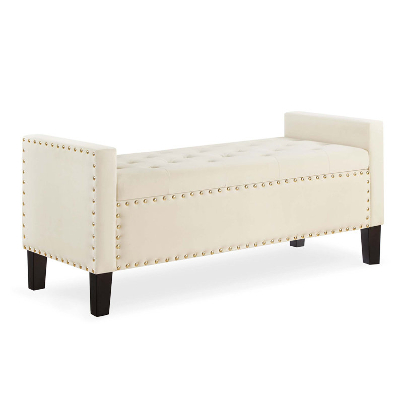 Banc de rangement rembourré capitonné avec accoudoirs, Crème, crème