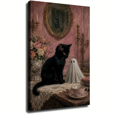 Tableau vintage sur toile pour l'Halloween, représentant un chat noir et un petit fantôme sur une table ornée de roses, peinture à l'huile, décoration murale gothique et effrayante pour la maison.