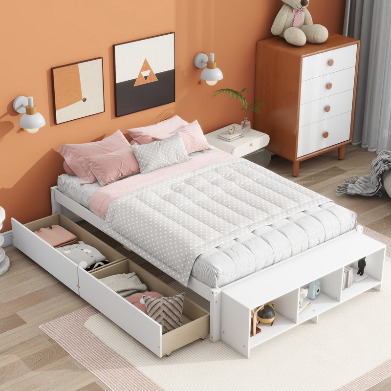 Full Size Bed With Storage Case, 2 Storage Drawers, Lengthwise Support Slat, White
