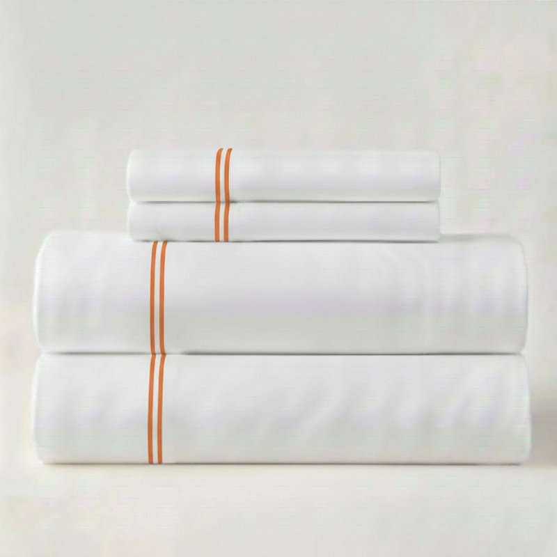 500TC Cotton Double Embroidery Sateen Solid Cotton 4 Piece Sheet Set Fitted Sheet Fits Upto 16" Deep Pocket, Orange Border
