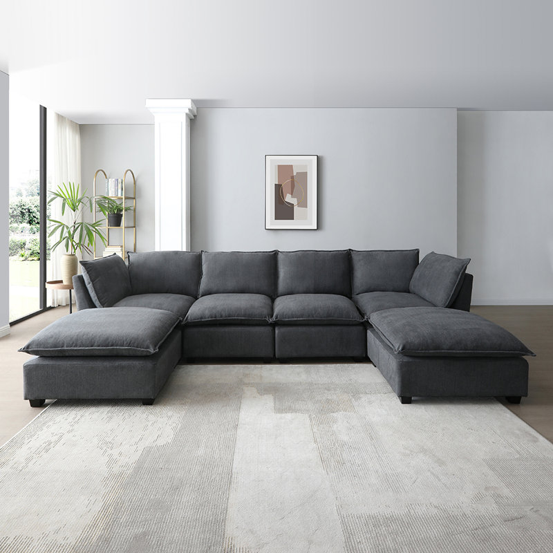 Ensemble de canapé en lin avec repose-pieds convertible pour le salon, Gris